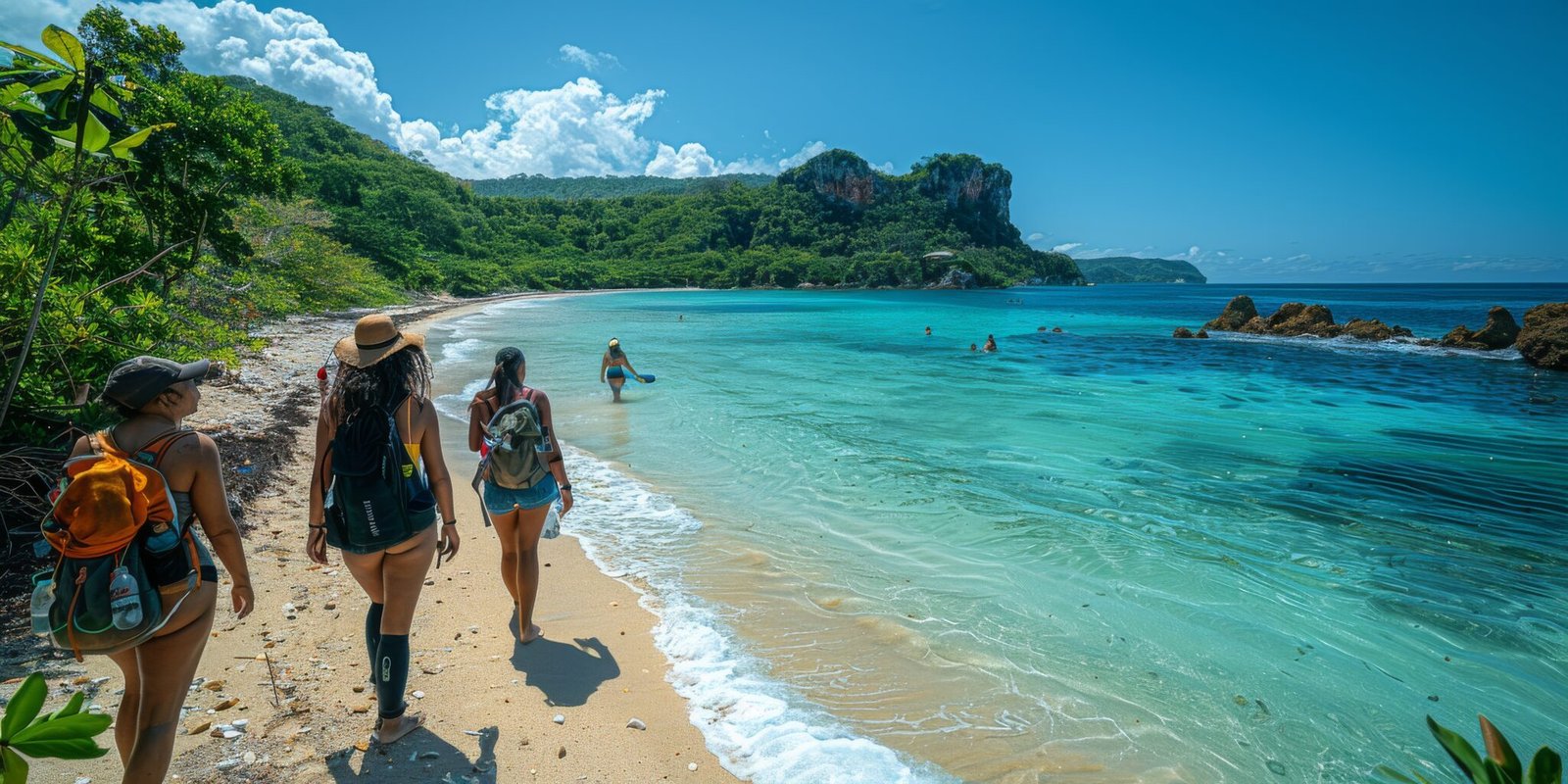 a group strolling on beach, enjoying landscape and coastal views